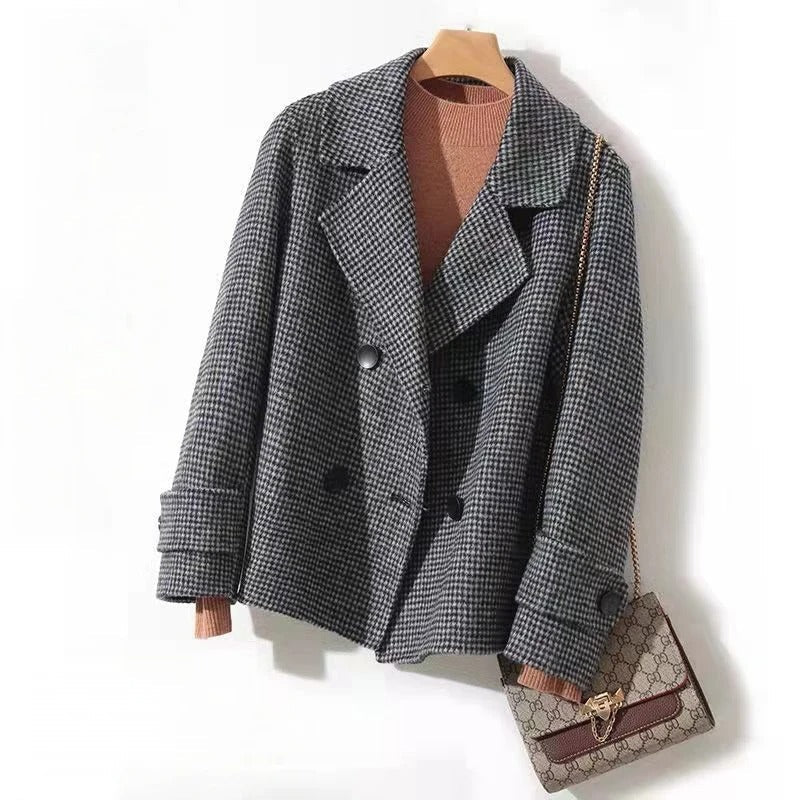 Women's double-breasted wool pea coat check pattern relaxed fit classic heritage style