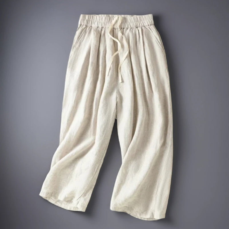 Katia linen pants women cropped wide-leg silhouette lightweight breathable elastic drawstring waist
