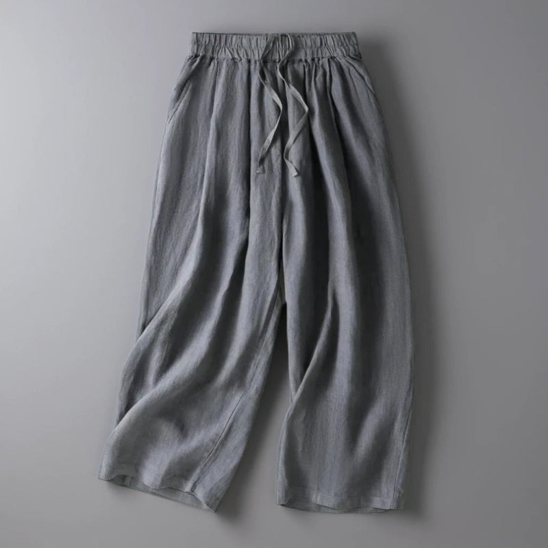 Katia linen pants women cropped wide-leg silhouette elastic drawstring waist lightweight breathable