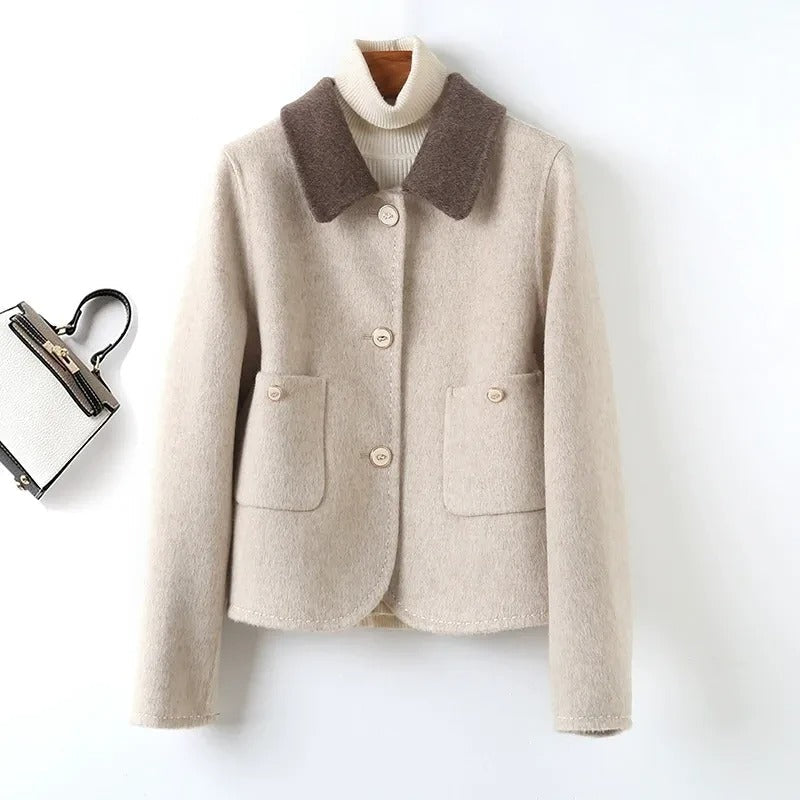 Women's wool coat contrast collar button-front elegant winter outerwear in classic neutral tone