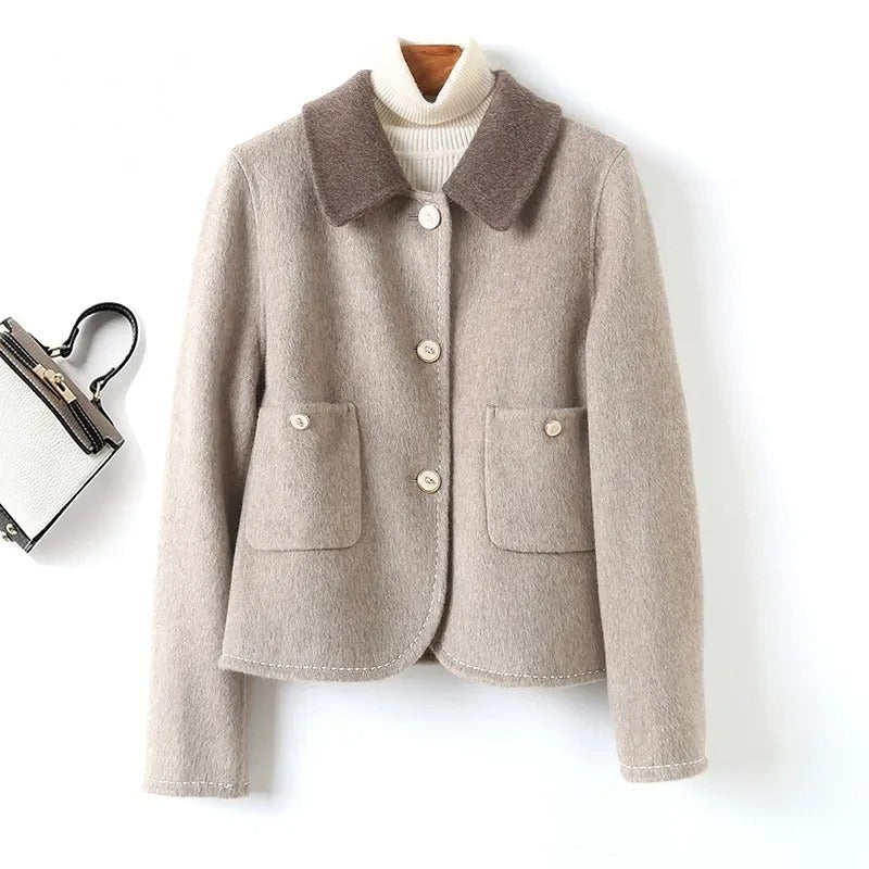 Women's wool coat contrast collar button-front elegant smart-casual winter outerwear flattering silhouette