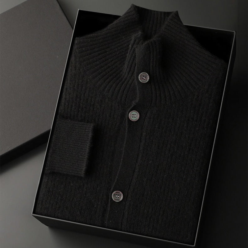 Men's relaxed fit wool cardigan with stand collar, cozy layering essential in neutral tone