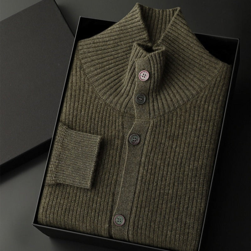 Men's relaxed fit wool cardigan with stand collar, cozy layering essential in neutral tone