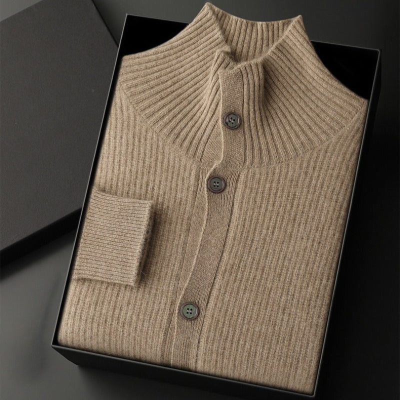 Men's relaxed fit wool cardigan with stand collar, cozy layering essential in neutral tone