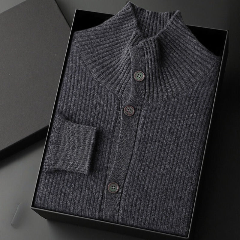 Men's relaxed fit wool cardigan with stand collar, cozy layering essential in neutral tones