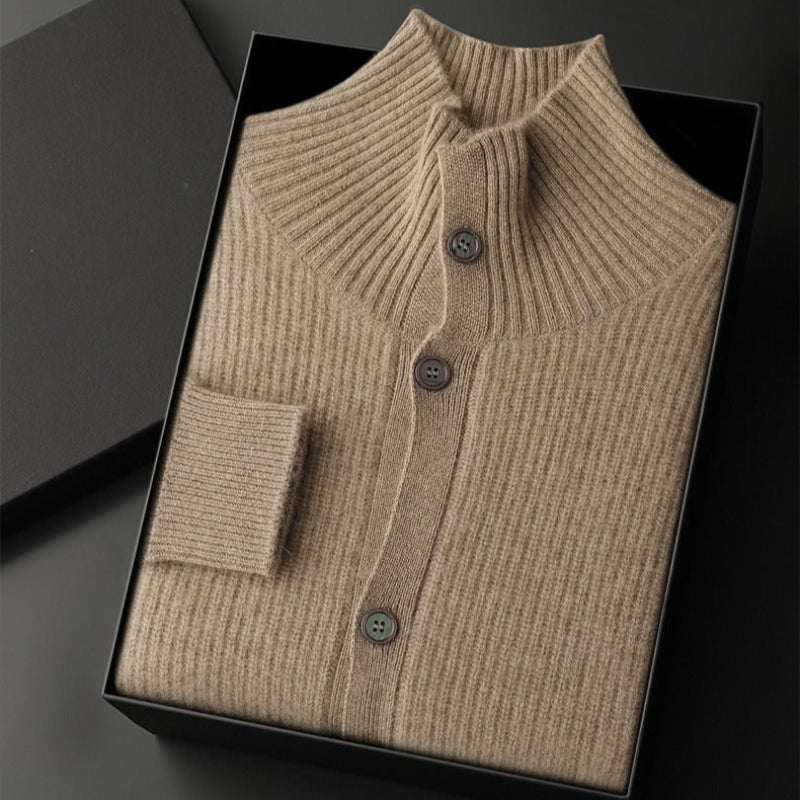 Men's wool stand collar cardigan regular fit smart-casual button front cozy warmth layer