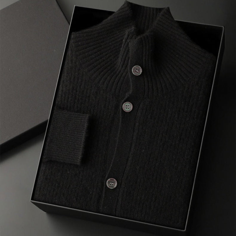 Men's wool stand collar cardigan regular fit smart-casual button front cozy warmth layering piece