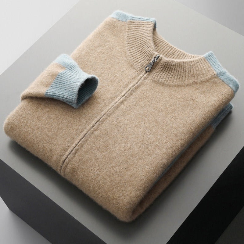Men's wool stand collar cardigan, regular fit cozy knit in premium fabric for smart-casual style