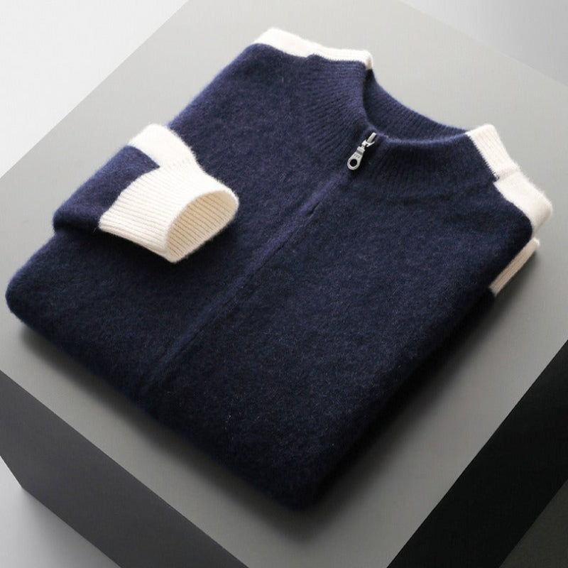 Men's wool stand collar cardigan regular fit cozy knit layer in premium neutral tone