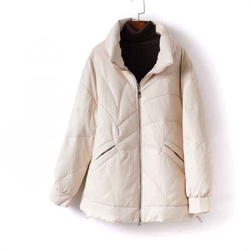 Women's oversized quilted leather down coat, relaxed hip-length silhouette with cozy insulated lining