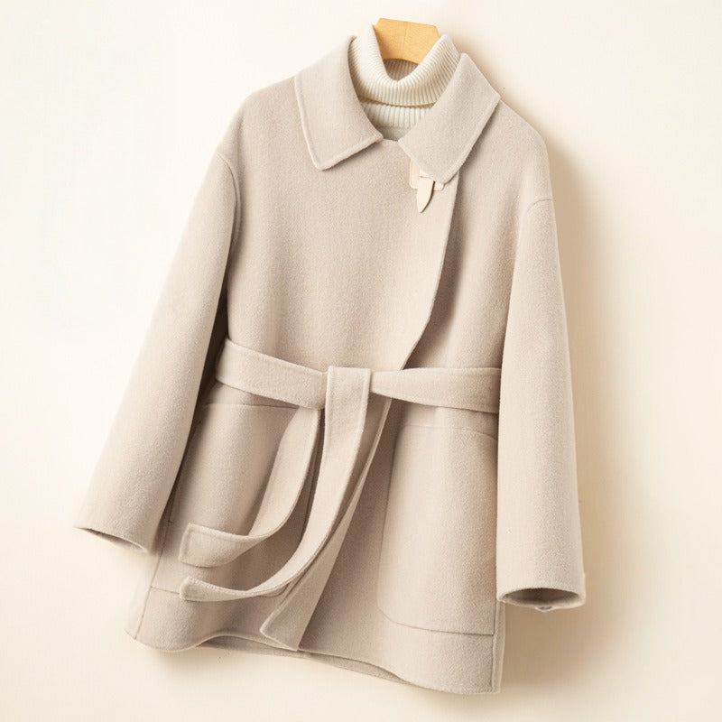 Women's belted wrap-front wool short coat relaxed fit, cozy everyday essential in neutral tone
