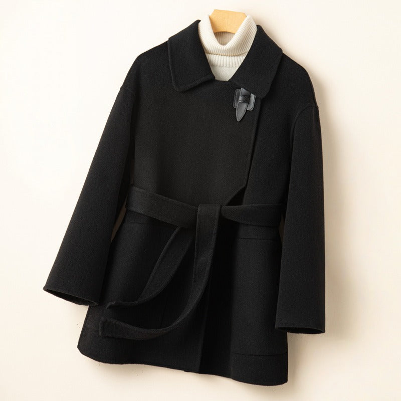 Women's camel wool short wrap coat with belt, relaxed fit, cozy everyday essential