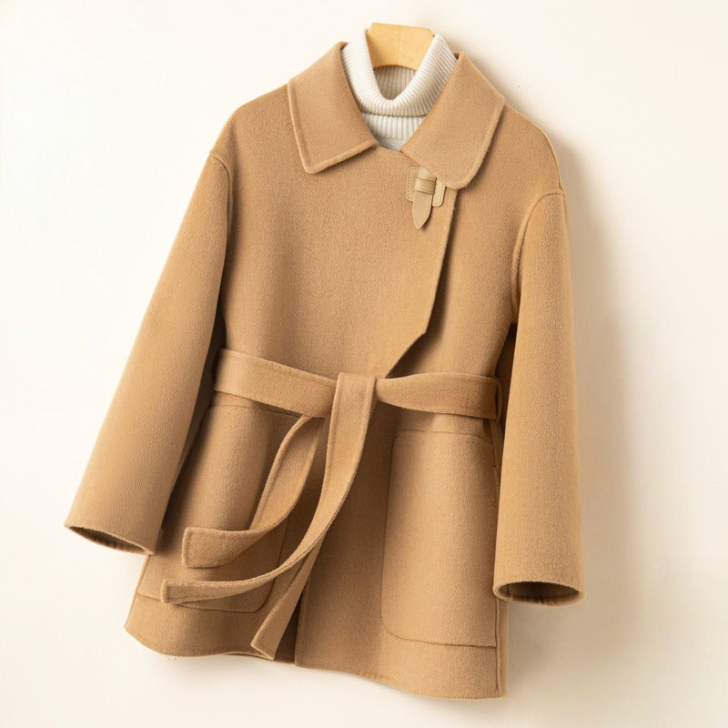 Women's belted wrap front short wool coat relaxed fit, cozy everyday essential in neutral tone