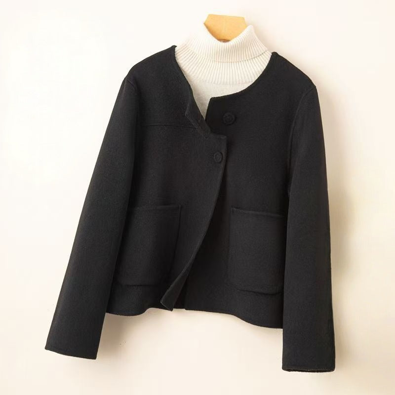 Women's relaxed fit collarless wool coat, elegant warm winter essential with clean neckline