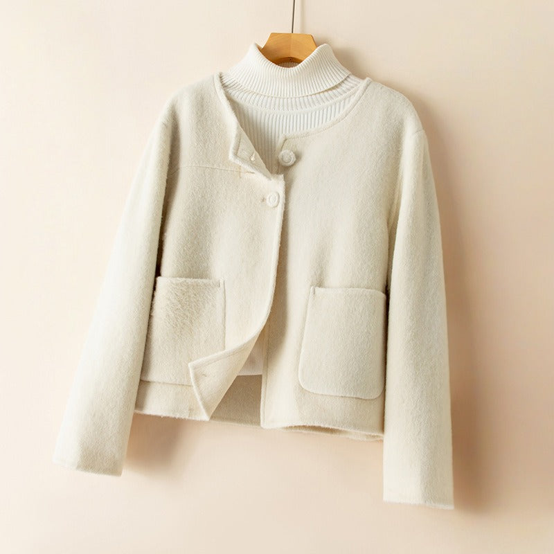 Women's relaxed fit collarless wool coat, elegant warm winter essential with clean neckline