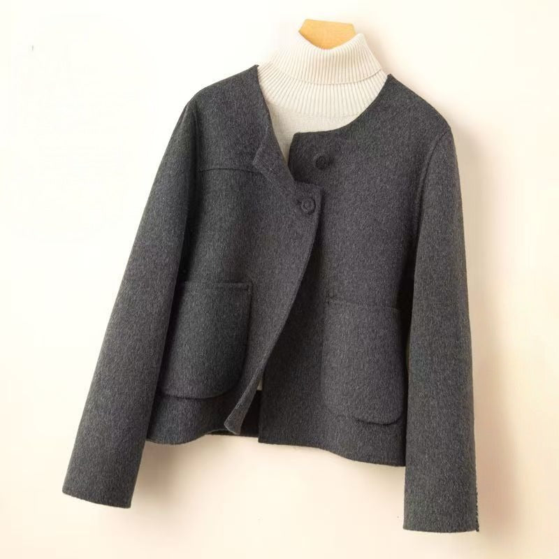 Women's relaxed fit collarless wool coat, elegant warm winter essential with clean neckline