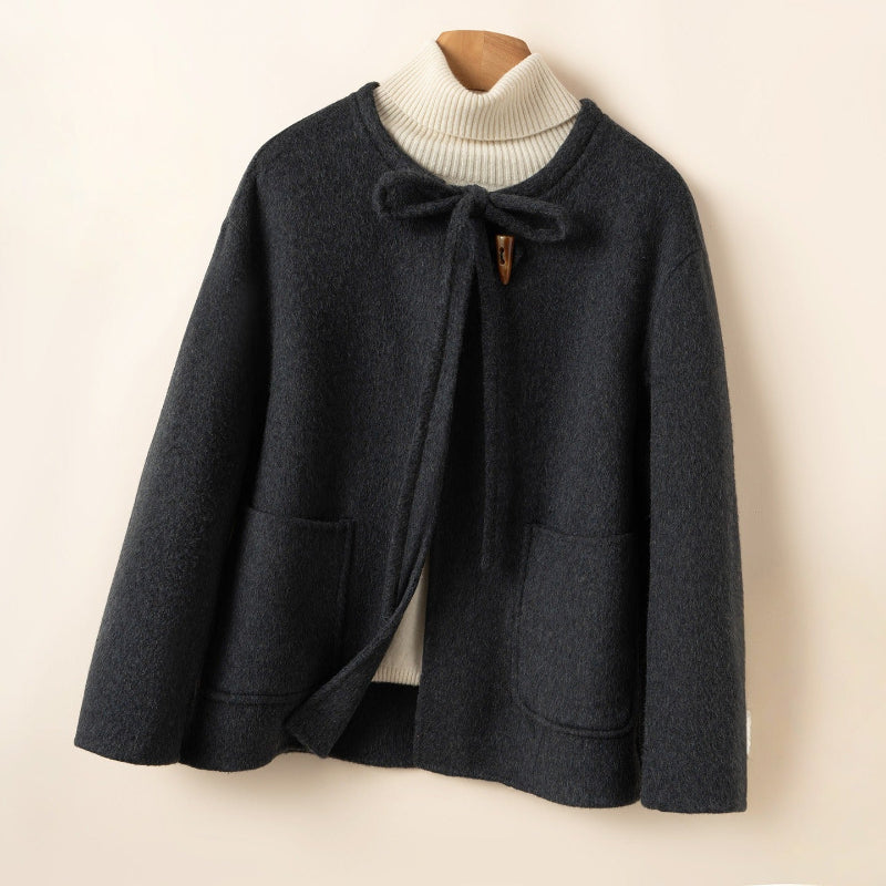 Women's relaxed fit wool bow tie coat, cozy everyday style with elegant drape and soft texture