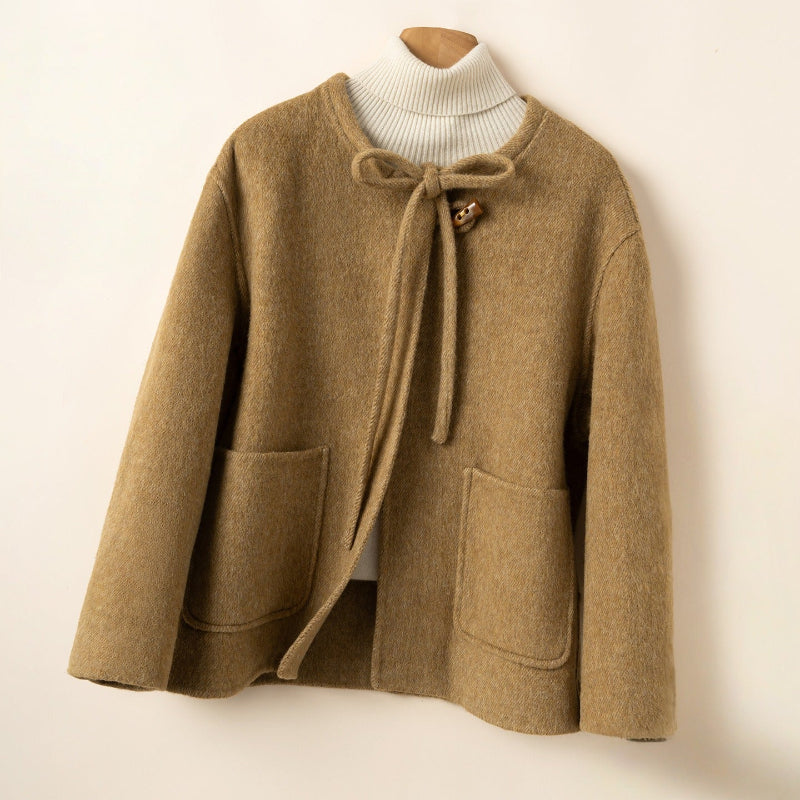 Women's relaxed fit wool bow tie coat, cozy everyday style with elegant drape