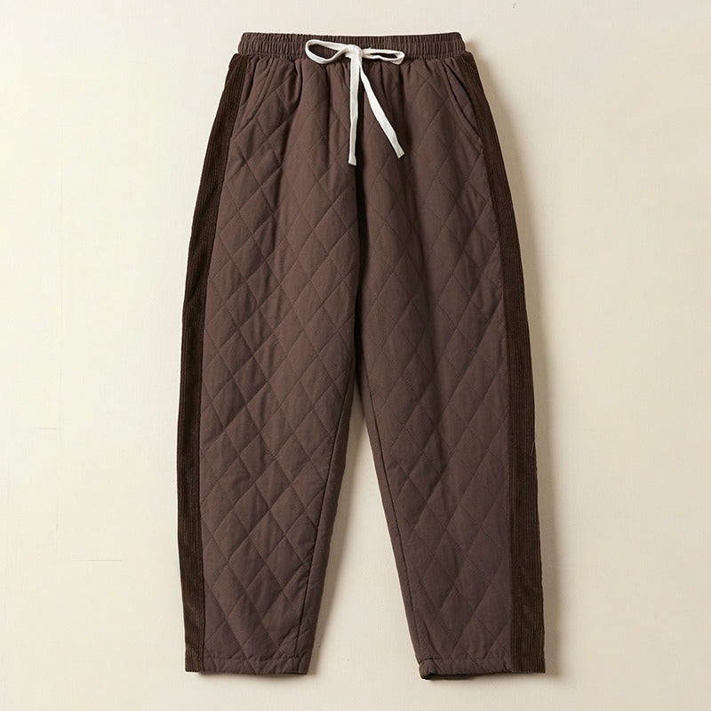 Women's quilted relaxed fit ankle pants in neutral tones with textured cozy casual lounge style