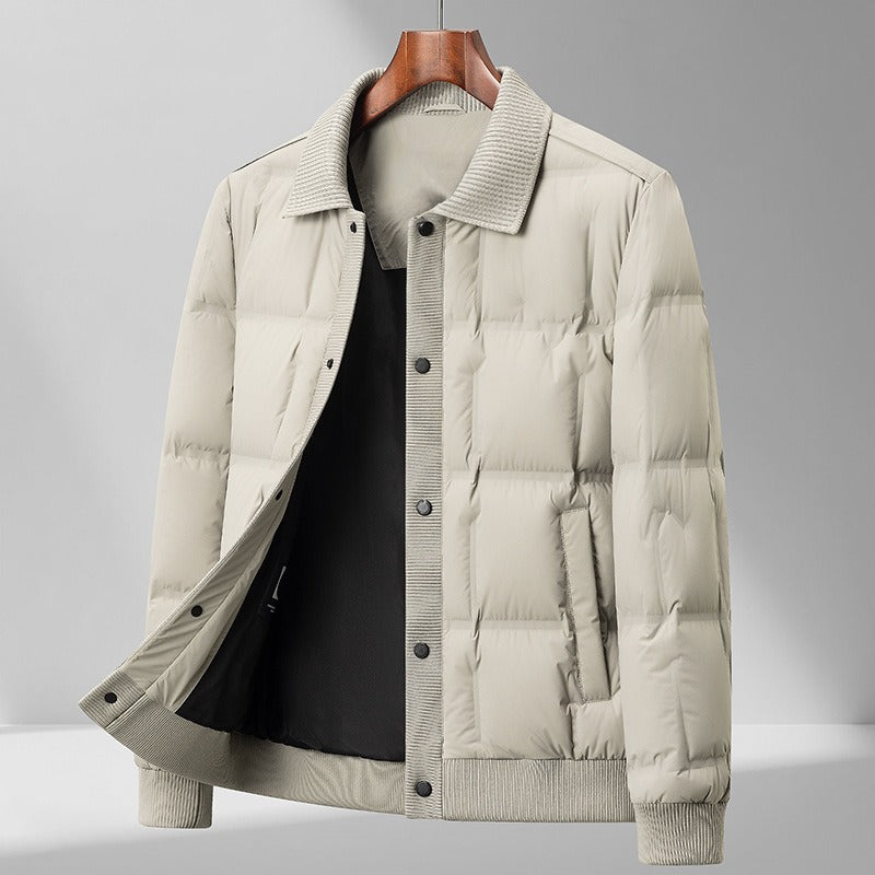 Men's quilted relaxed fit puffer jacket in neutral tone with classic collared design for everyday warmth