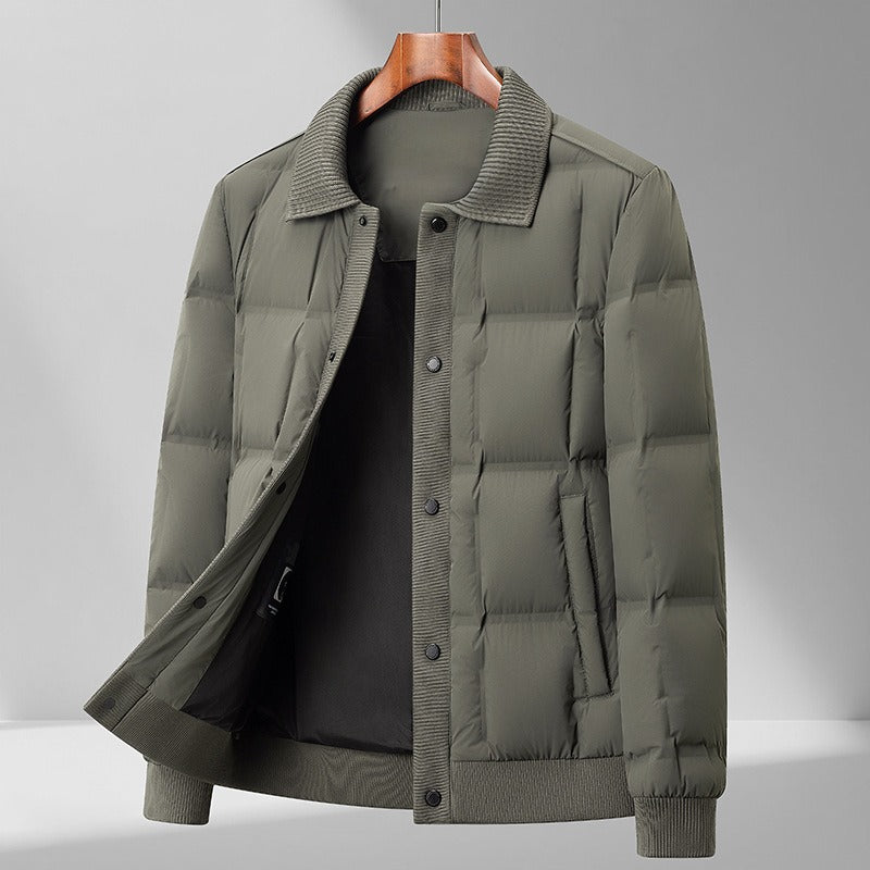 Men's quilted relaxed fit puffer jacket in neutral tone with classic collared design for everyday warmth