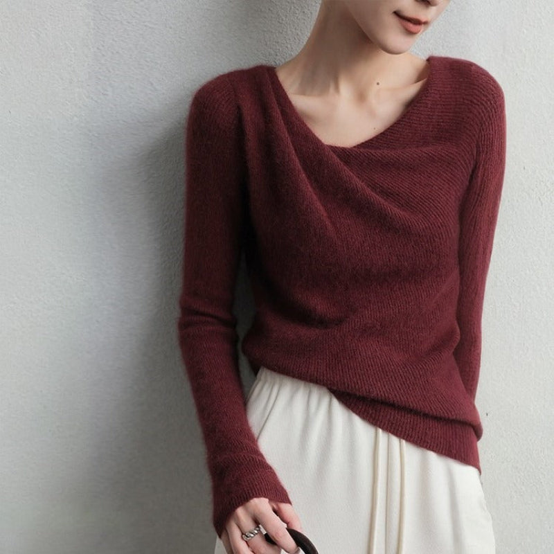 Women's relaxed fit draped neck knit sweater, cozy long sleeves, versatile casual everyday style