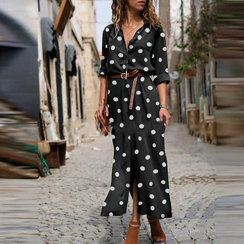 Stella | Women's Polka Dot Maxi Dress Long Sleeve Button-Down Shirt Dress