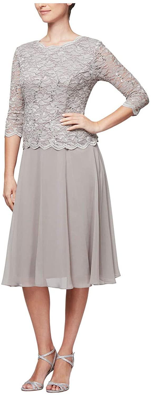 Alex Evenings knee-length mother of the bride formal gown with 3/4 sleeves and soft cup inserts