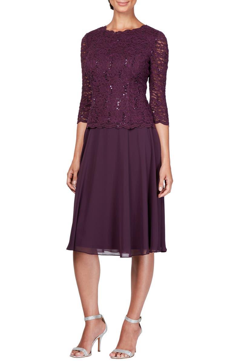 Alex Evenings knee-length mother of the bride formal gown with 3/4 sleeves and soft cup inserts