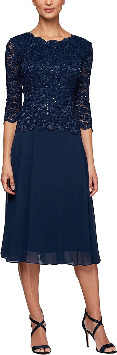 Alex Evenings knee-length mother of the bride formal gown with 3/4 sleeves and soft cup inserts