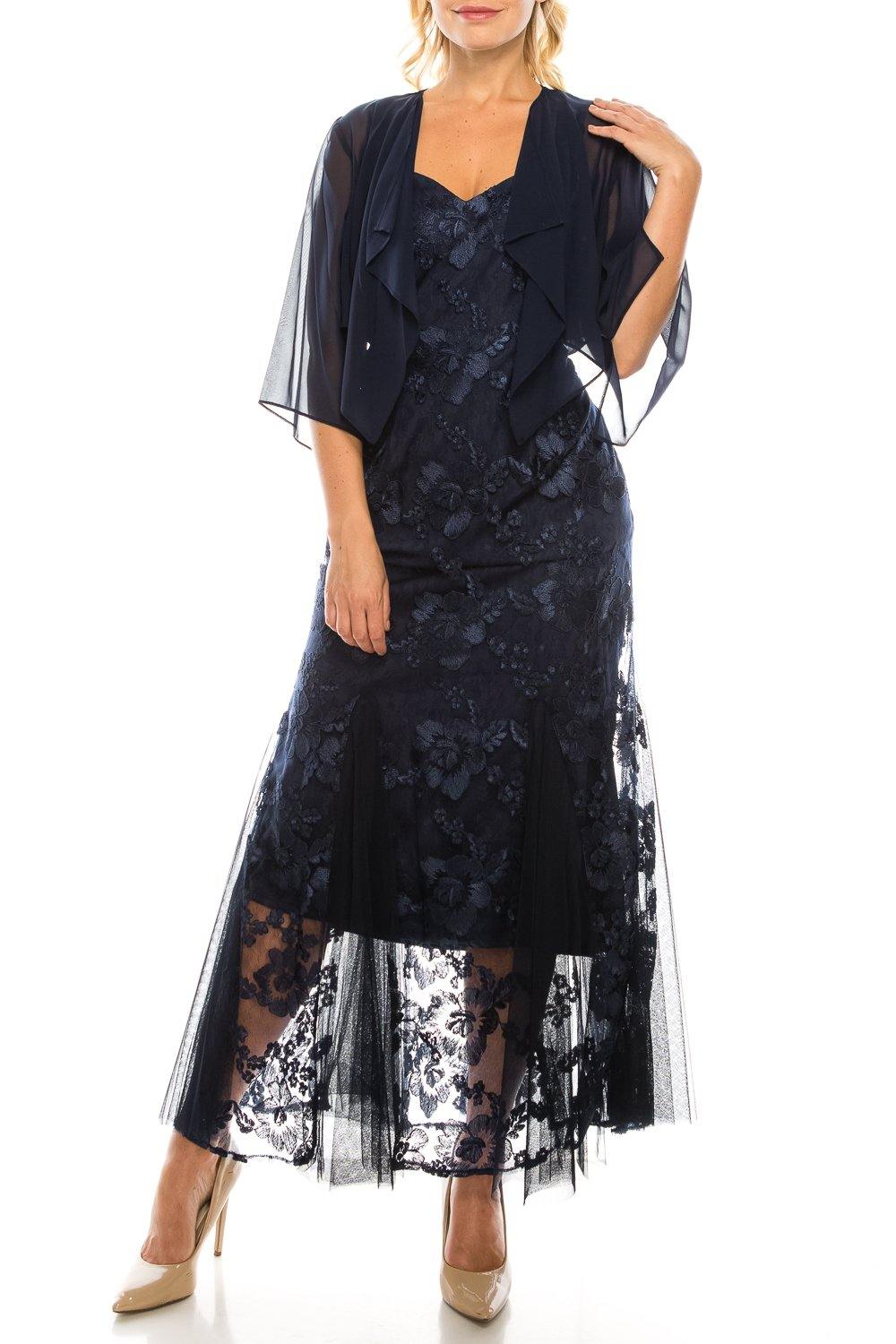 Blue chiffon jacket dress with long embroidered mesh gown, elbow sleeves, mother of bride formal wear