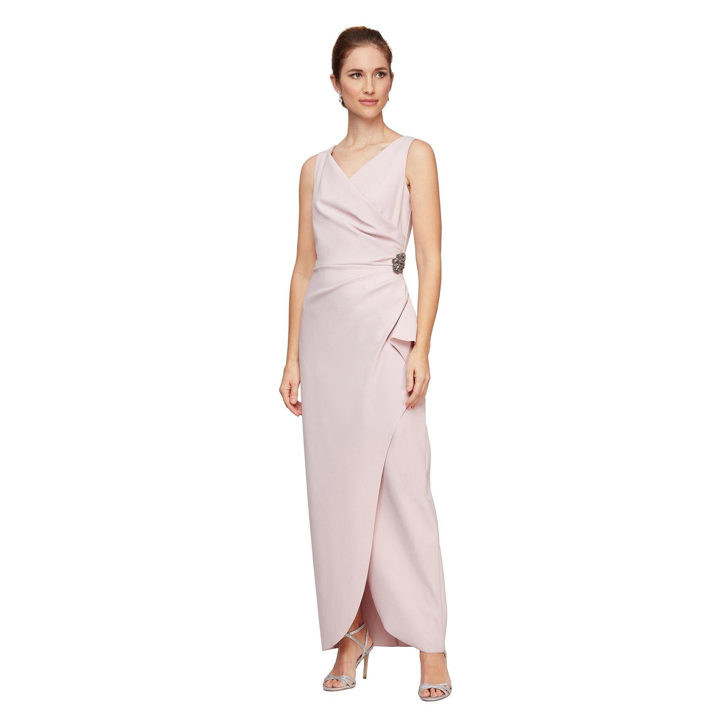 Long formal fitted gown with beaded waist, pleated bodice, tulip hem, elegant full-length silhouette