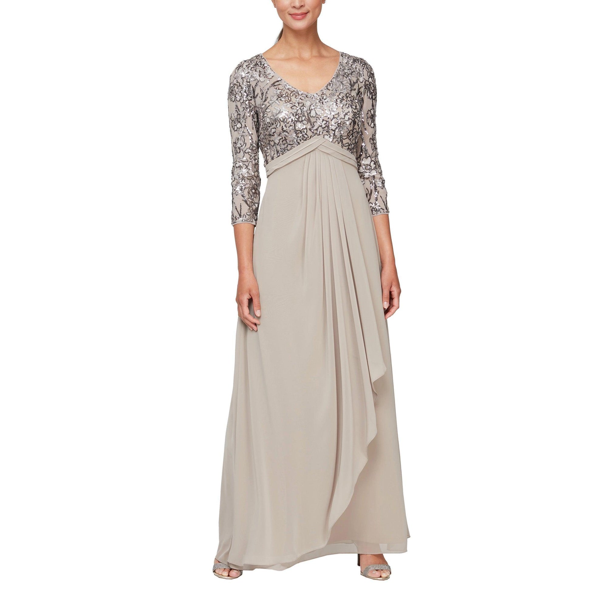 Navy mink formal long gown empire waist V-neck three-quarter sleeves cascade skirt