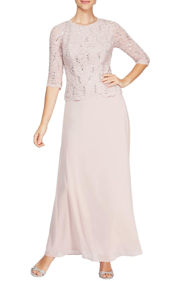 Long mother of the bride A-line dress lace bodice chiffon skirt cowl neckline 3/4 sleeves