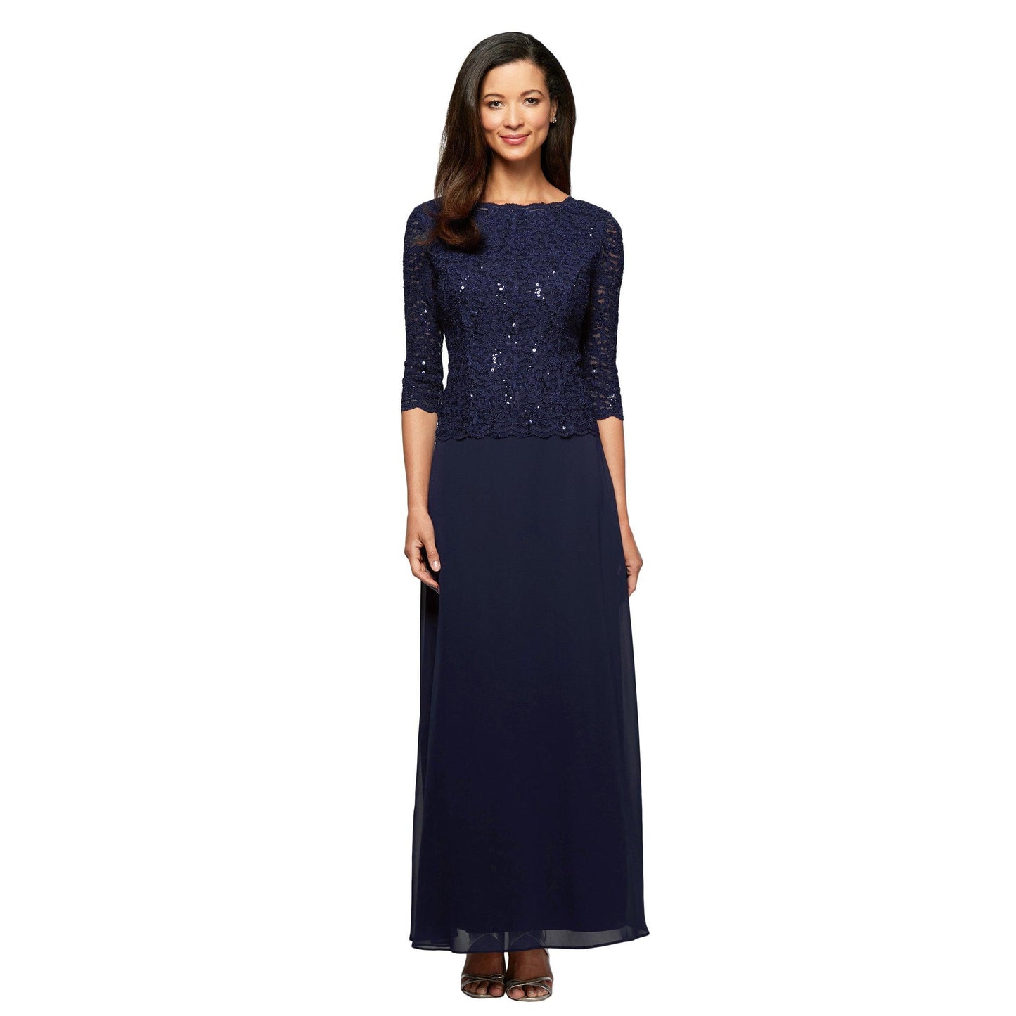 Long mother of the bride A-line dress lace bodice chiffon skirt cowl neckline 3/4 sleeves