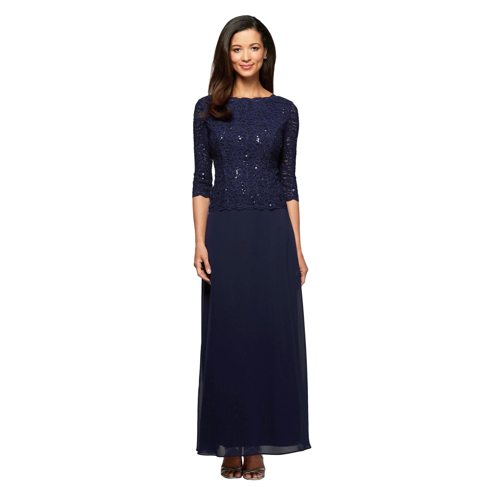 Long mother of the bride A-line dress lace bodice chiffon skirt cowl neckline 3/4 sleeves