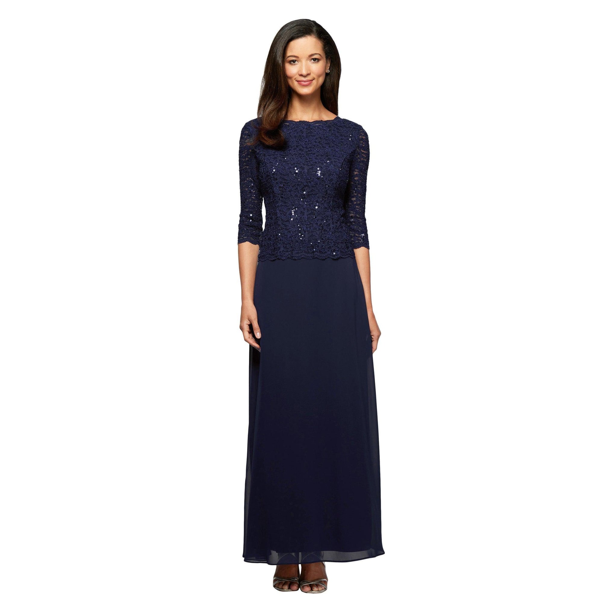 Long mother of the bride A-line dress lace bodice chiffon skirt cowl neckline 3/4 sleeves