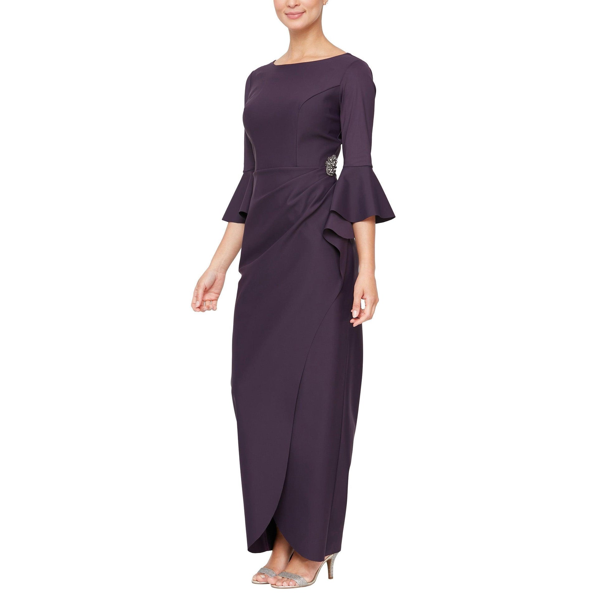 Long formal mother of the bride gown with embellished hip, cascade ruffles, and bell sleeves