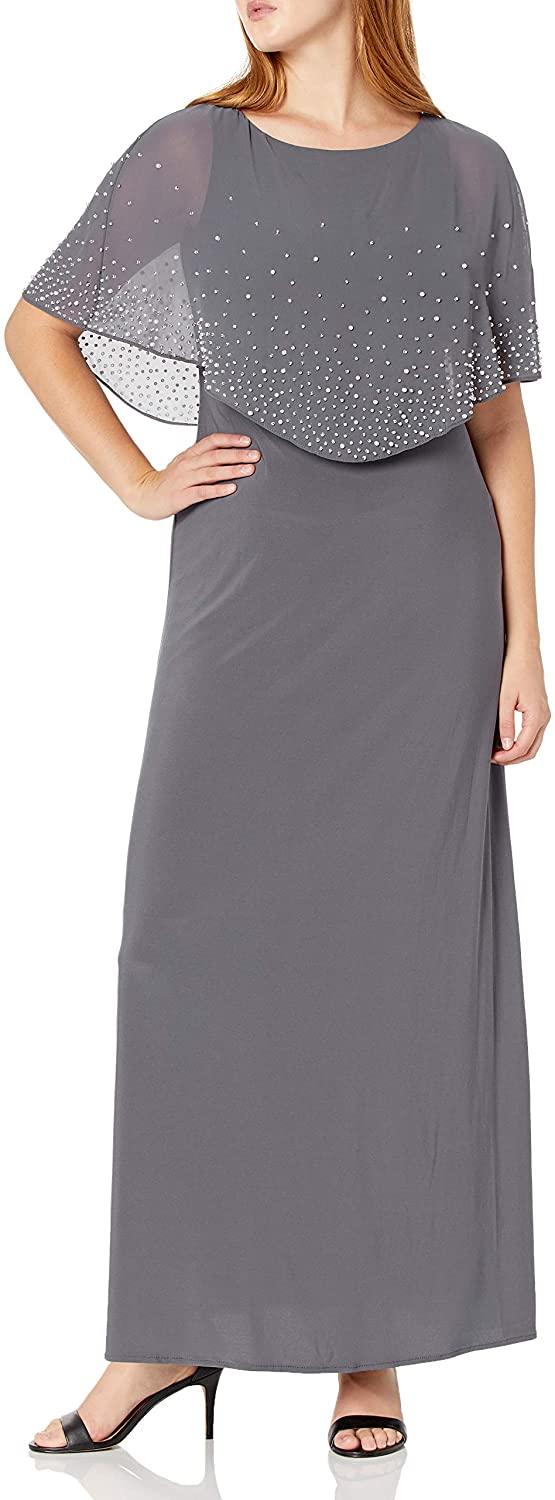 Long navy A-line mother of bride dress with crystal-dusted sheer popover cape sleeve