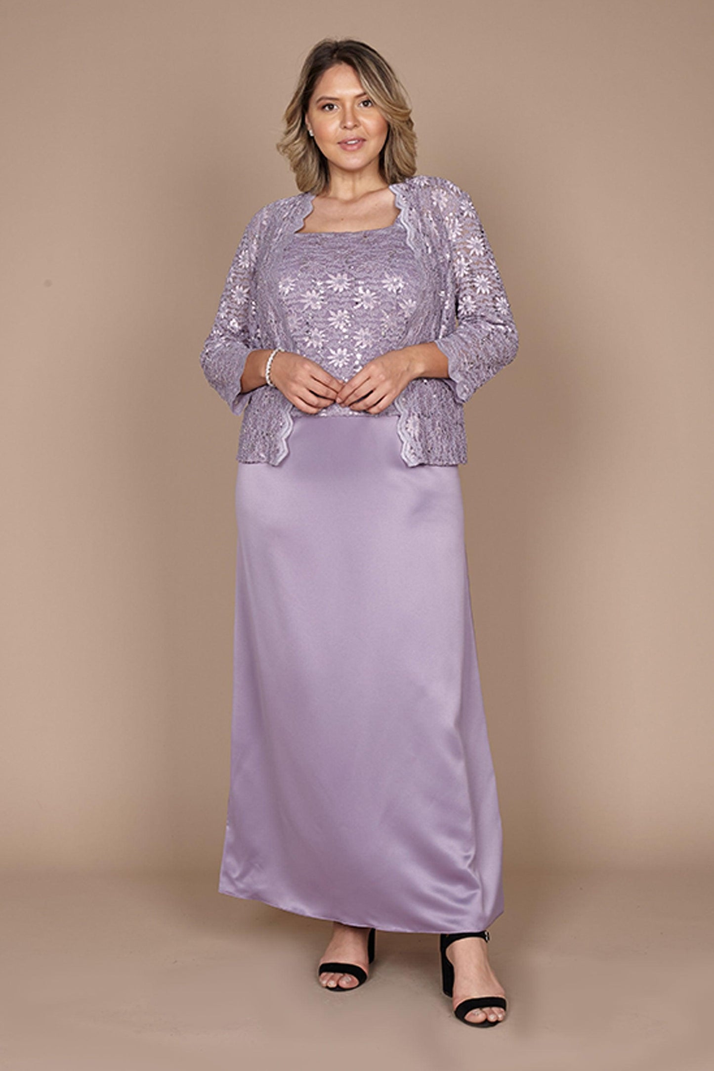 Plus size mother of bride champagne lace chiffon formal gown with scallop ribbon sheer coat
