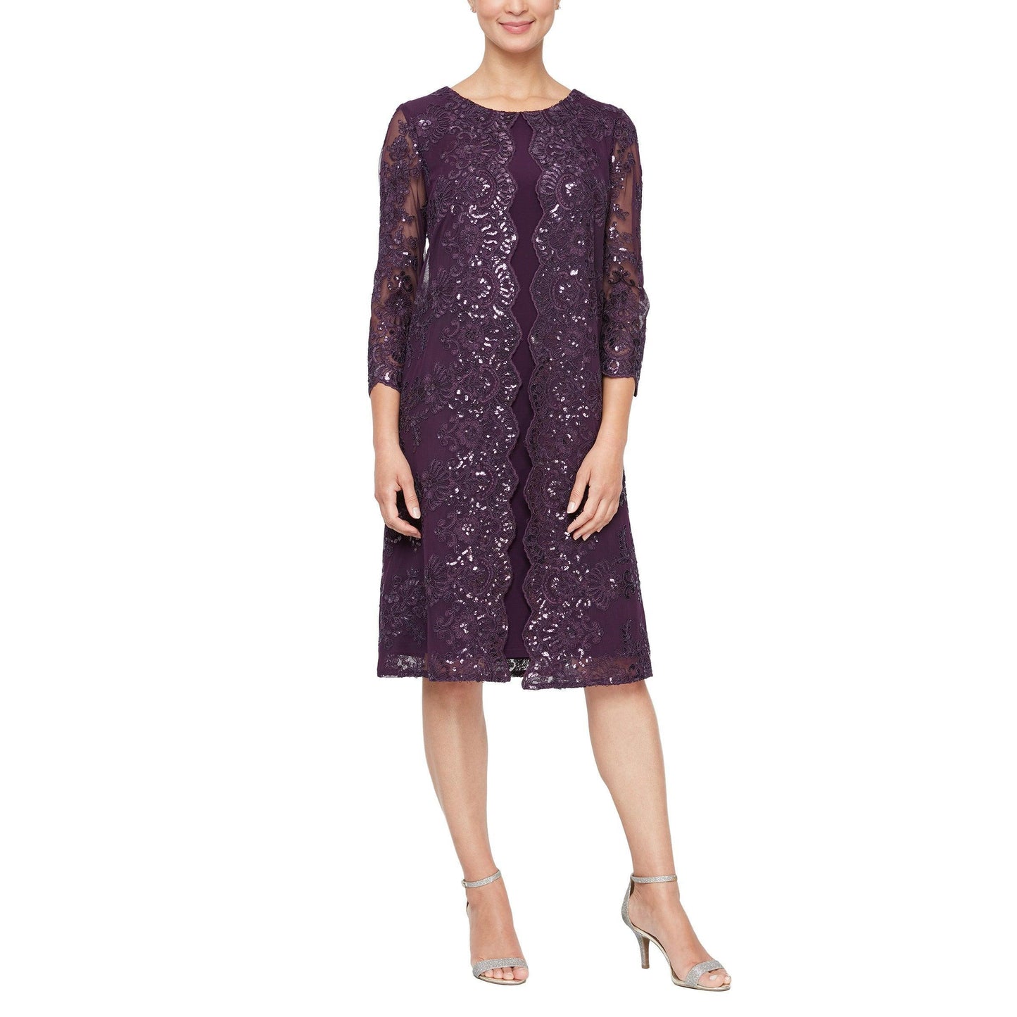 Alex Evenings short mother of bride knee-length lace dress with floral sequin embellishment and boat neckline