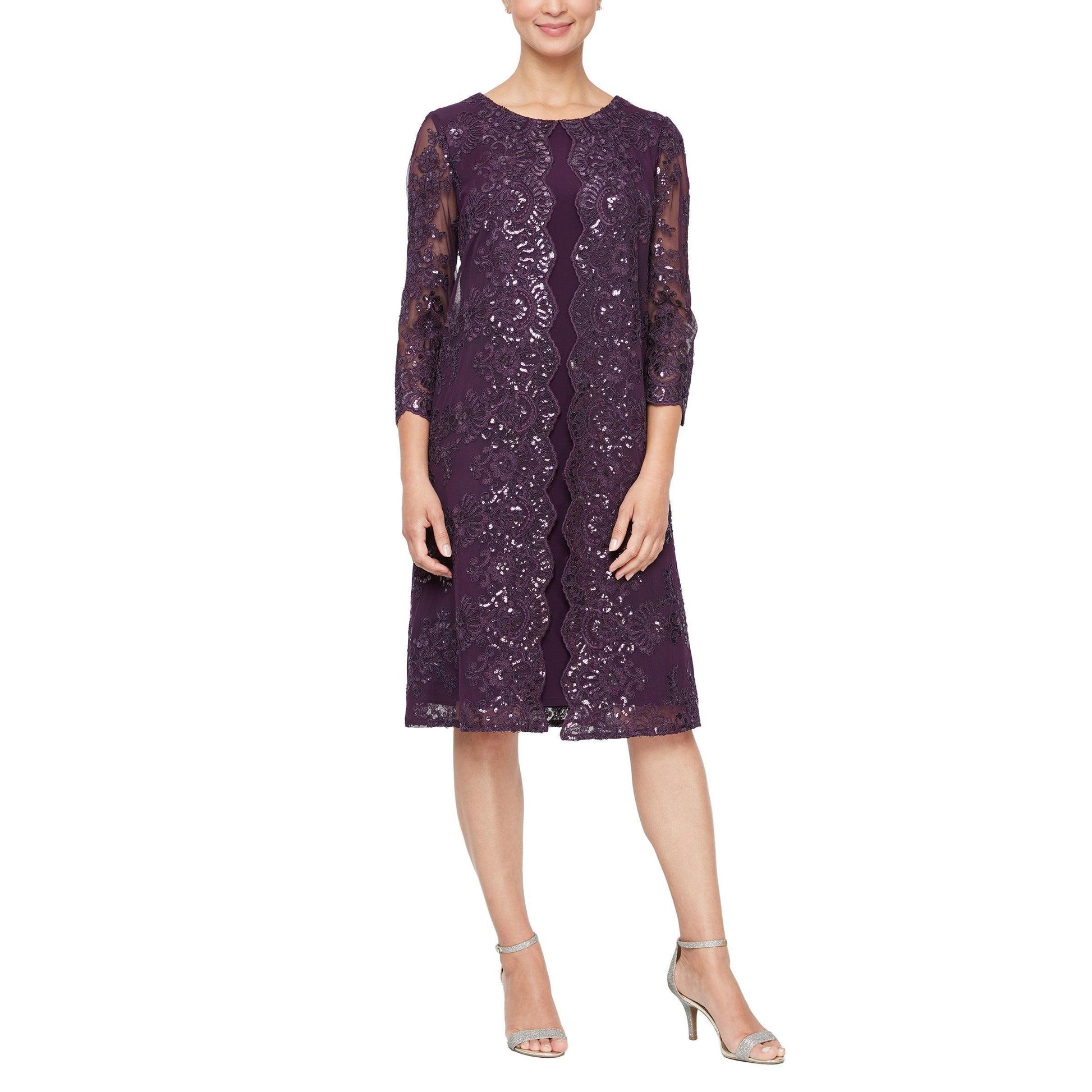 Alex Evenings short mother of bride knee-length lace dress with floral sequin embellishment and boat neckline