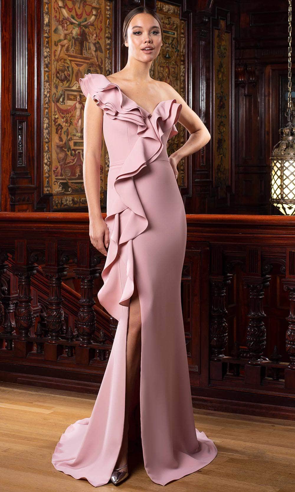 Alexander by Daymor 1583 black one-shoulder trumpet evening gown with tiered ruffle and high slit