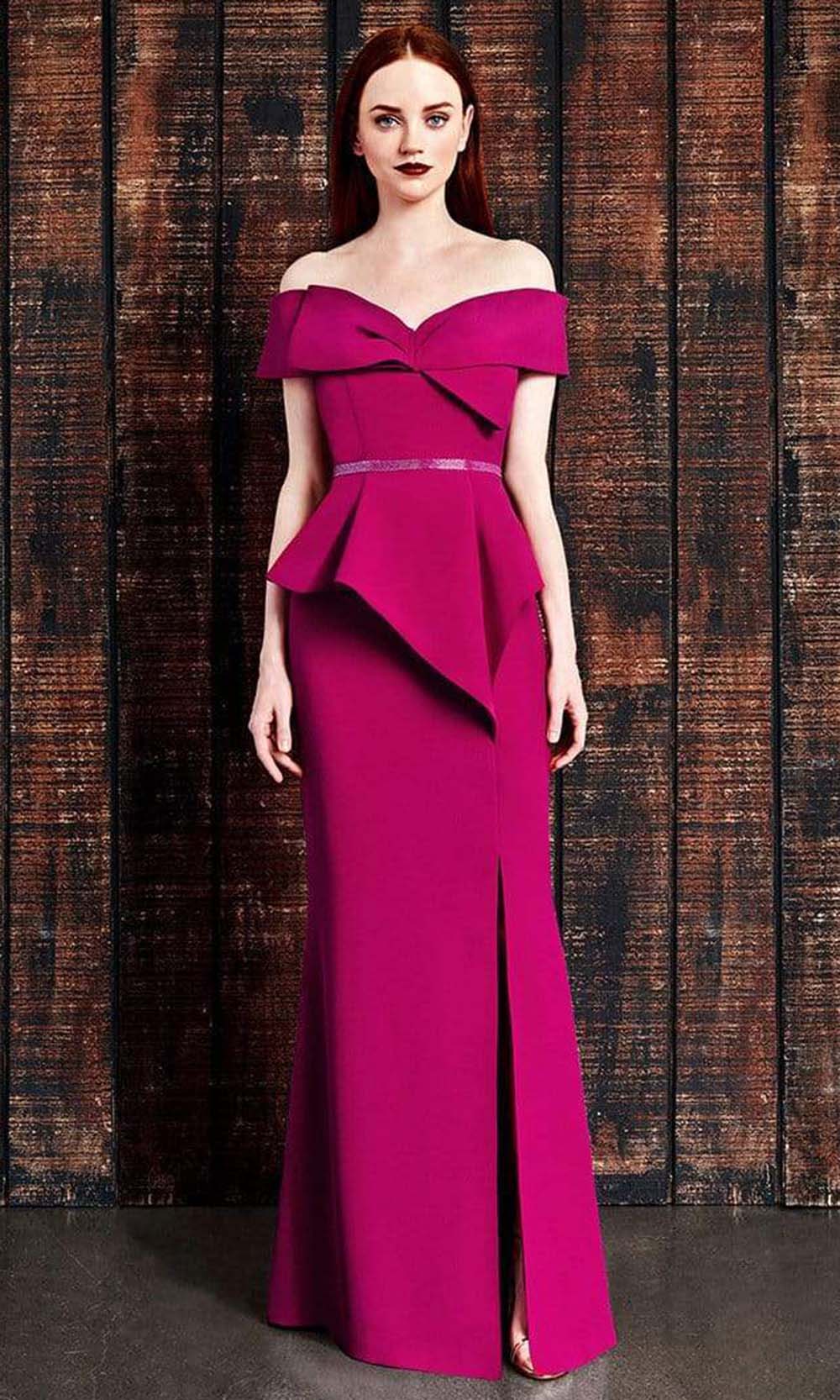 Beaded off-shoulder evening gown sheath silhouette peplum bow beaded bodice formal dress