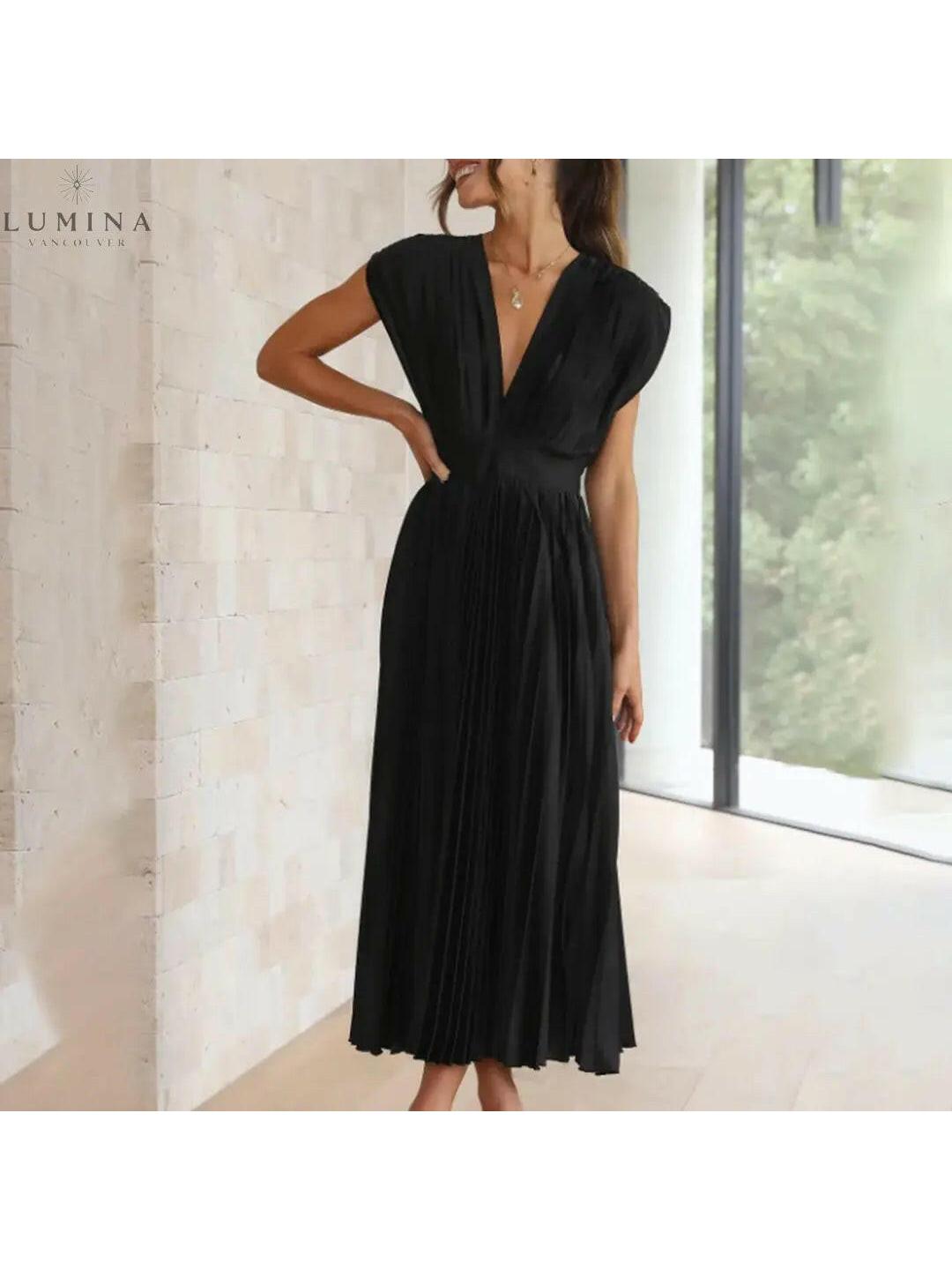 Alexia women's elegant dress flowing skirt flattering neckline versatile chic design day to night