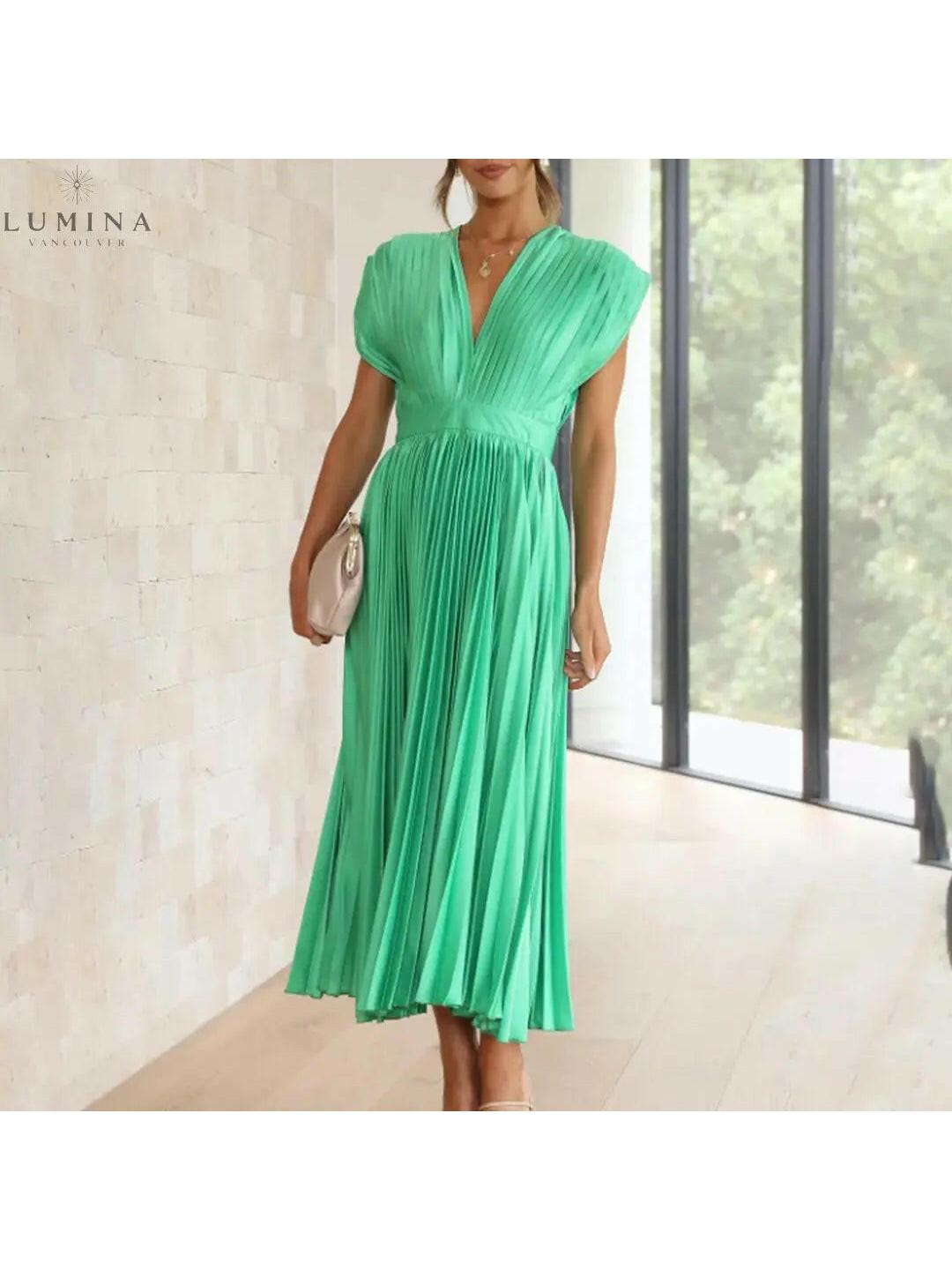 Alexia elegant women's dress, flowing skirt, flattering neckline, versatile chic design for day to night