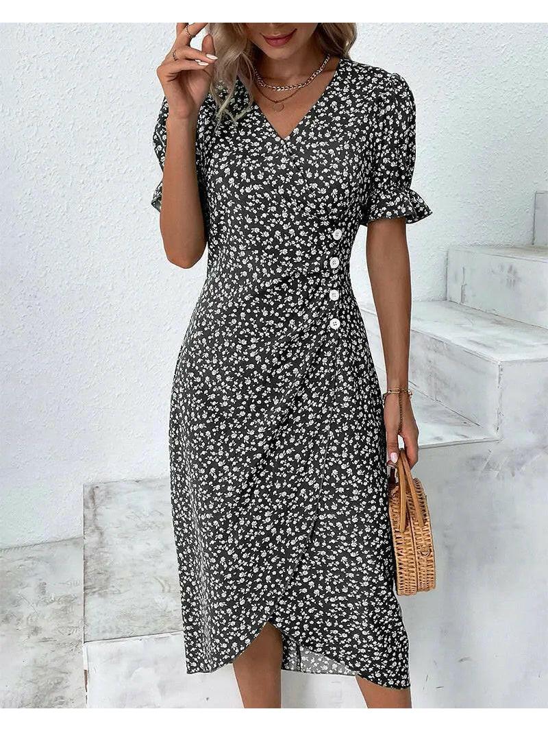 Women's floral midi dress breezy flowing silhouette vibrant chic print elegant summer style