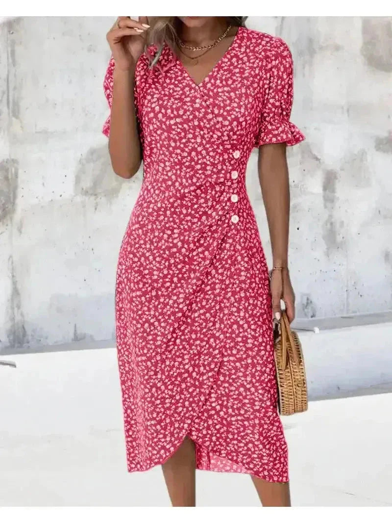 Women's floral midi dress, vibrant print, modern chic breezy fit with flowing draped silhouette