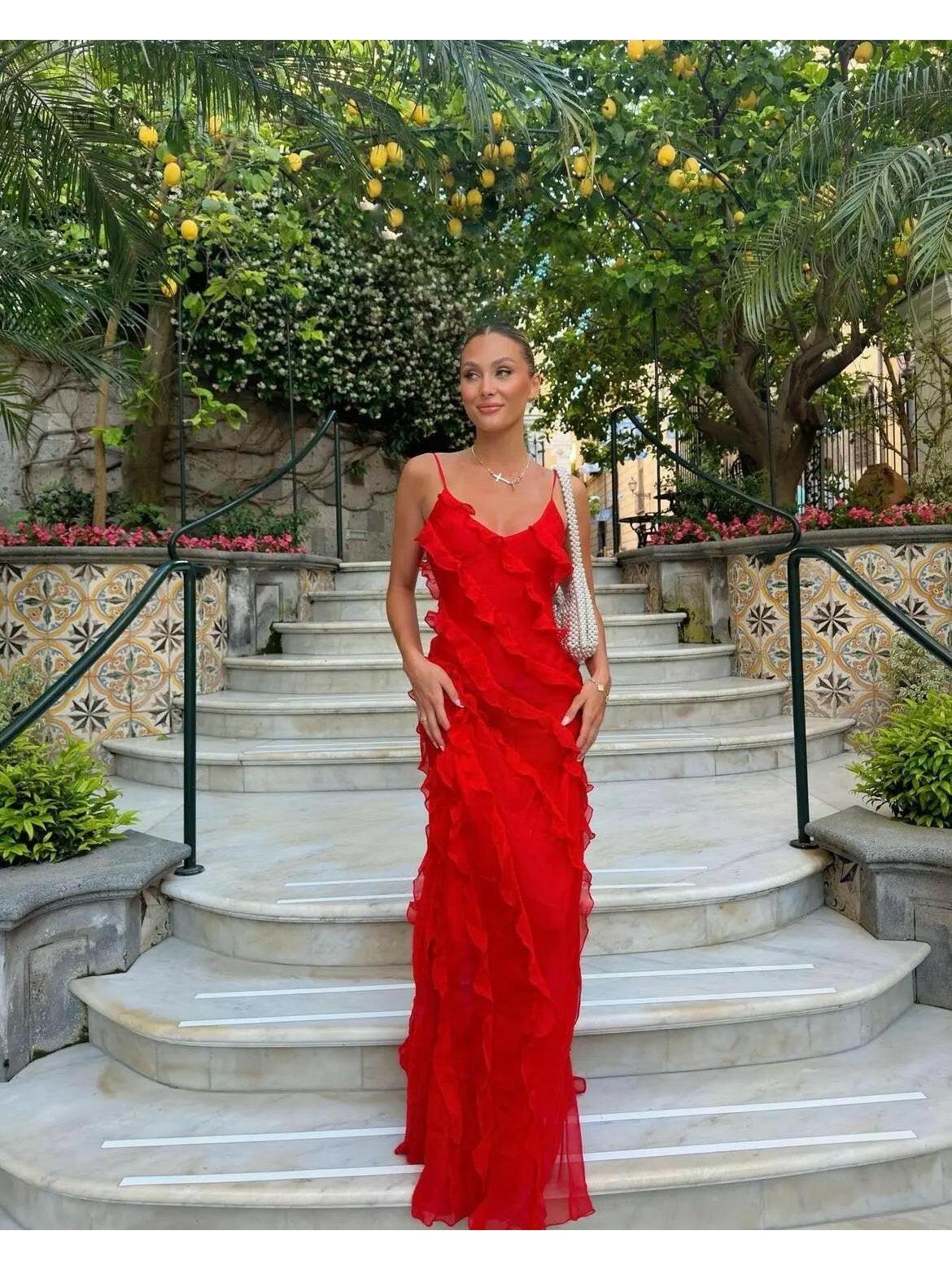 Aliza ruffled maxi dress women elegant cascading ruffle bodice wedding party occasion