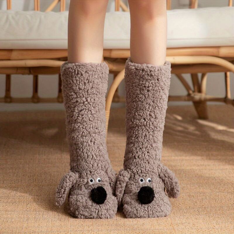 Women's gray fleece slipper socks mid-calf cut with 3D fuzzy dog applique ears for cozy lounging